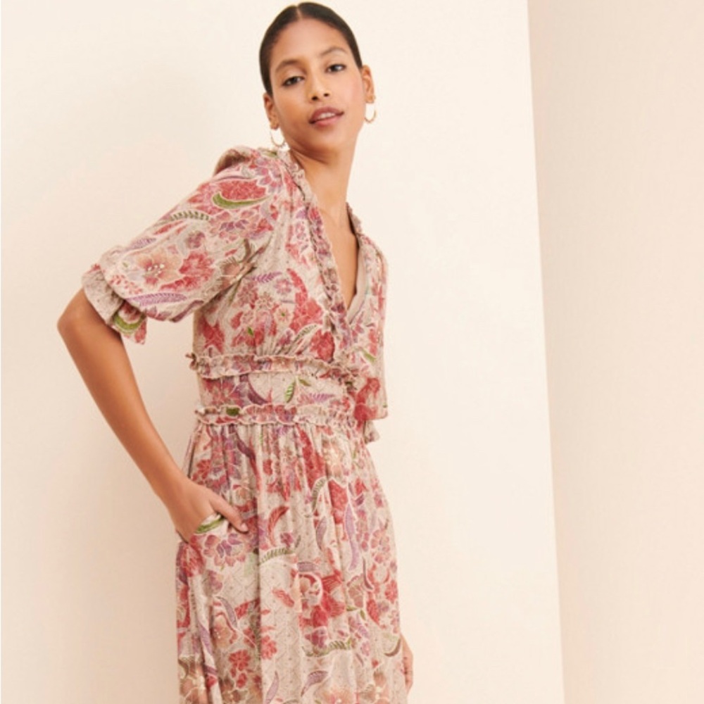 Anthropology ruffled sleeve long floral dress